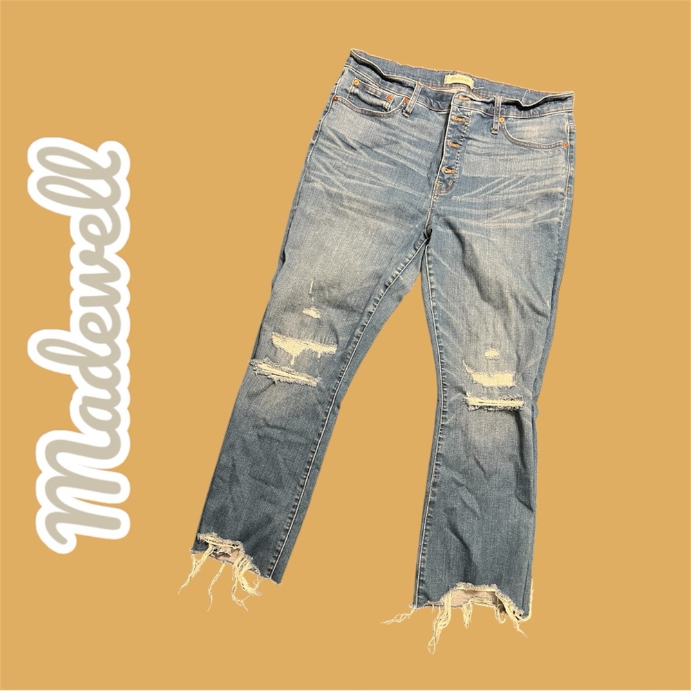 Madewell Denim Stretch Hi Rise Button Fly Cali Demi Boot Raw Hem Rip Plus Size